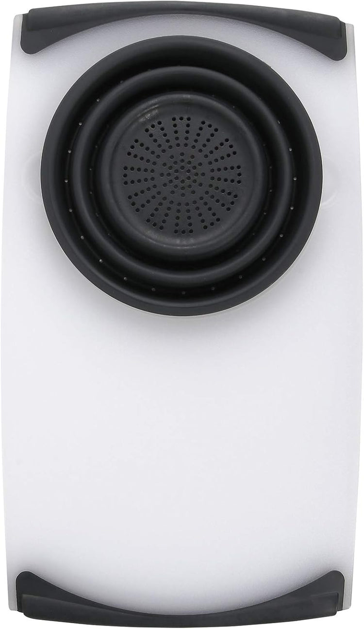Dexas Over the Sink Poly Cutting Board with Collapsible Colander Strainer, 11.5 x 20", Natural/Gray