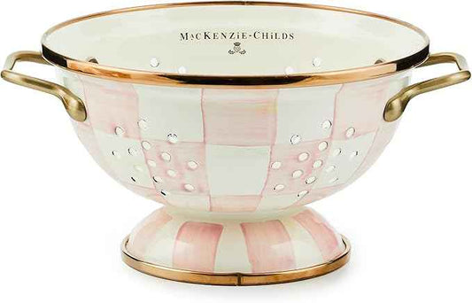 MACKENZIE-CHILDS Enamel Colander, Decorative Kitchen Strainer, Small, Pink-and-White Rosy Check