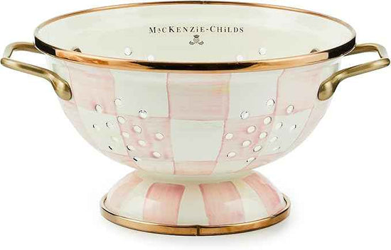 MACKENZIE-CHILDS Enamel Colander, Decorative Kitchen Strainer, Small, Pink-and-White Rosy Check