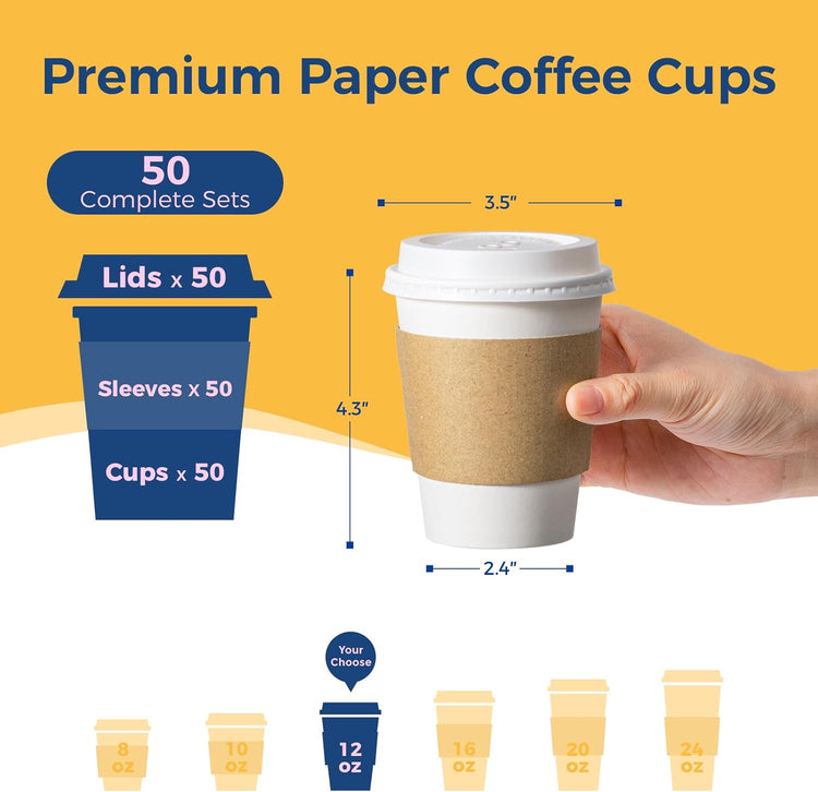 Fit Meal Prep 50 Pack 12 oz Disposable Coffee Cups with Lids, Sleeves, Leak-Proof To Go Coffee Cups with Lids, Durable Hot Paper Cups for Home, Office, Party, Business
