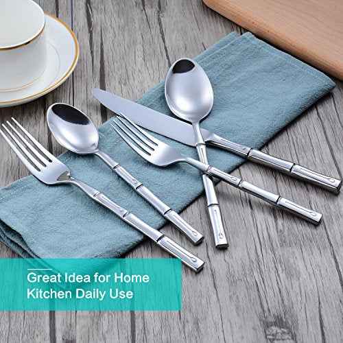 Silverware Set Silver Bamboo Handle Flatware Stainless Steel Heavy Cutlery Set 20 Pieces Mirror Polished Spoons Forks and Knives Service for 4