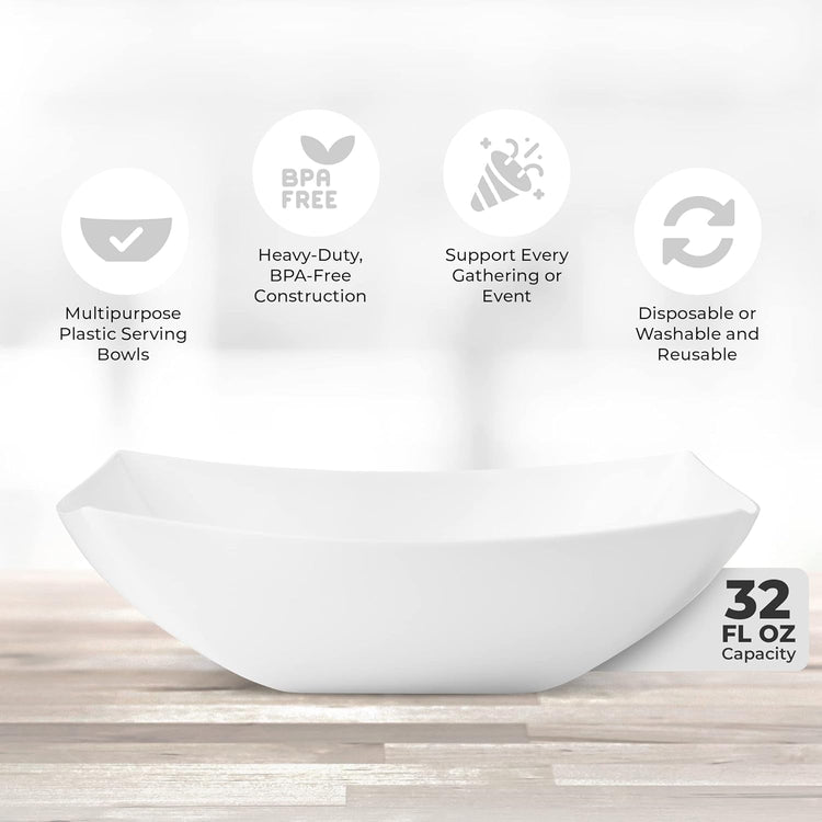 Posh Setting - White Plastic Serving Bowls for Party (32oz - 4 Pack) Square Bowls, Disposable Chip Bowls, Candy Bowls for Party Table, Salad & Fruit Bowls for Party, Candy Containers for Candy Buffet