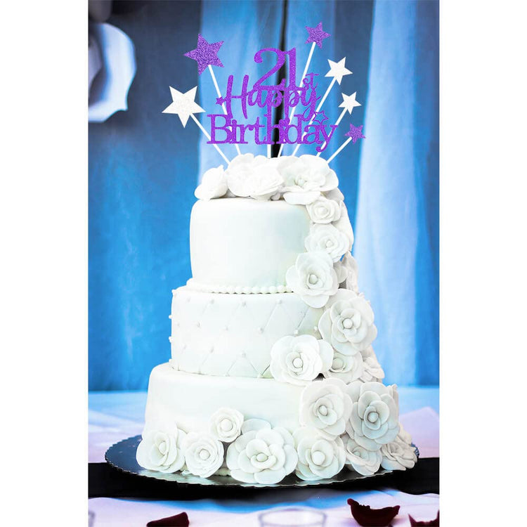 Purple Silver 21st Birthday Cake Topper with Glittery Stars (7 Count)