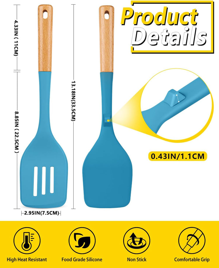 Pack of 2 Large Silicone Spatula, Heat Resistant Solid Turner, Non Stick Slotted Spatulas with Wooden Handle, Ideal Kitchen Utensils for Flipping, Pancakes, Eggs, Fish(BLUE)