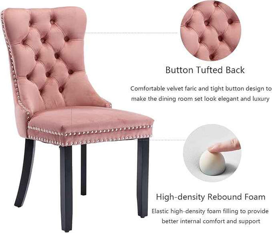 Pink Velvet Dining Chairs Set of 2, Upholstered Dining Room Chairs with Back Ring Pull Trim and Solid Wood Legs, Tufted Wingback Kitchen Chairs for Dining Room,Living Room,Kitchen(Pink)