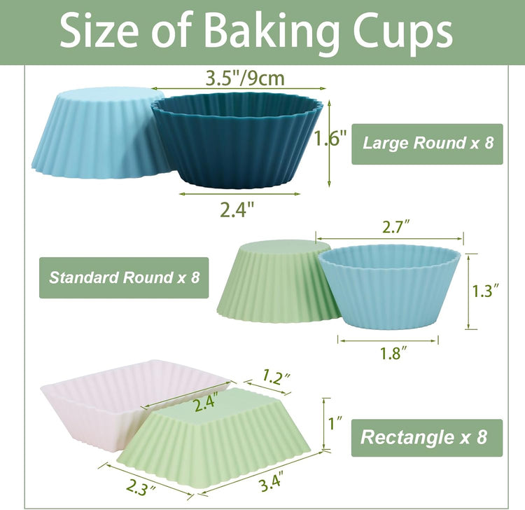 24Pack Silicone Muffin Cups, Reusable Cupcake Liners Molds for Baking, 3 Shapes Lunch Box Bento Dividers-Round, Square, and Rectangular (Neutral Colors, Large Size)