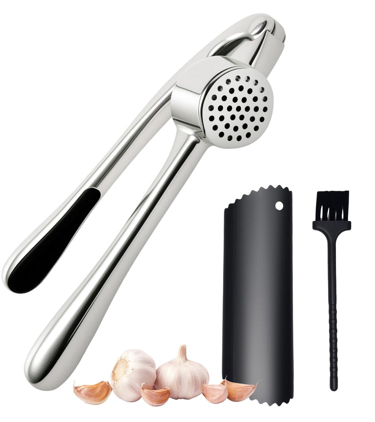Stainless Steel Garlic Press Set Silicone Garlic Peeler & Brush