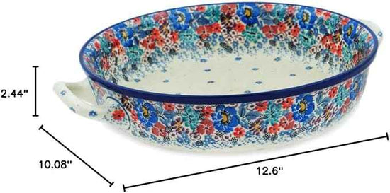 Polmedia Polish Pottery Round Baker with Handles 10-inch UNIKAT - Autumn Bunch Pattern Handmade in Boleslawiec Poland by Ceramika Artystyczna + Certificate of Authenticity