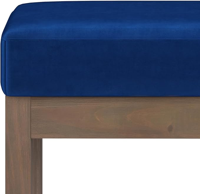 SIMPLIHOME Milltown Small Ottoman Bench - 27 inch Wide Upholstered Velvet Fabric Rectangle Footstool Ottoman in Blue, Contemporary Bench for Bedroom with Cushioned Seat, Assembled