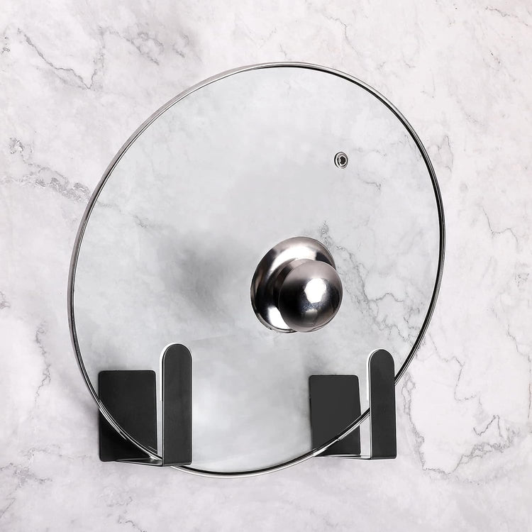 Pot Lid Holder Stainless Steel Wall Mounted 3M Self Adhesive Pan Cover Racks (Set of 4) Freely Adjustable Length (Black)