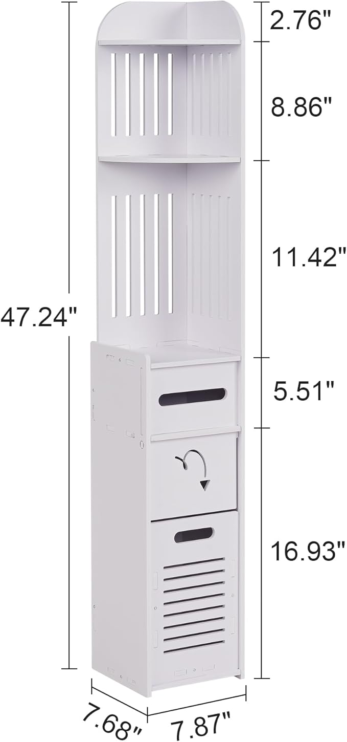 VECELO Bathroom Cabinet Corner Shelf, with Cabinet for Bathroom Narrow Space,Small Storage Organizer with Toilet Paper Roll in Restroom Waterproof Lightweight,White