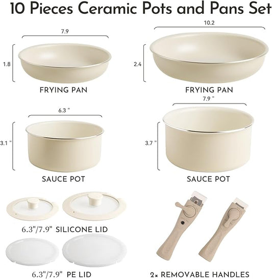 Heapsion 18-Piece Ceramic Nonstick Cookware Set, PFAS/PFOA/PTFE-Free & Non-Toxic Pots and Pans Set with Detachable Handles, Dishwasher Safe & Induction Compatible for Kitchen & RV Cooking