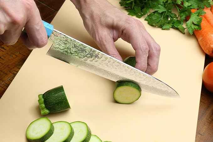 Yoshihiro VG-10 46 Layers Hammered Damascus Gyuto Japanese Chefs Knife Octagonal Turquoise Blue Handle 8.25" (210mm)