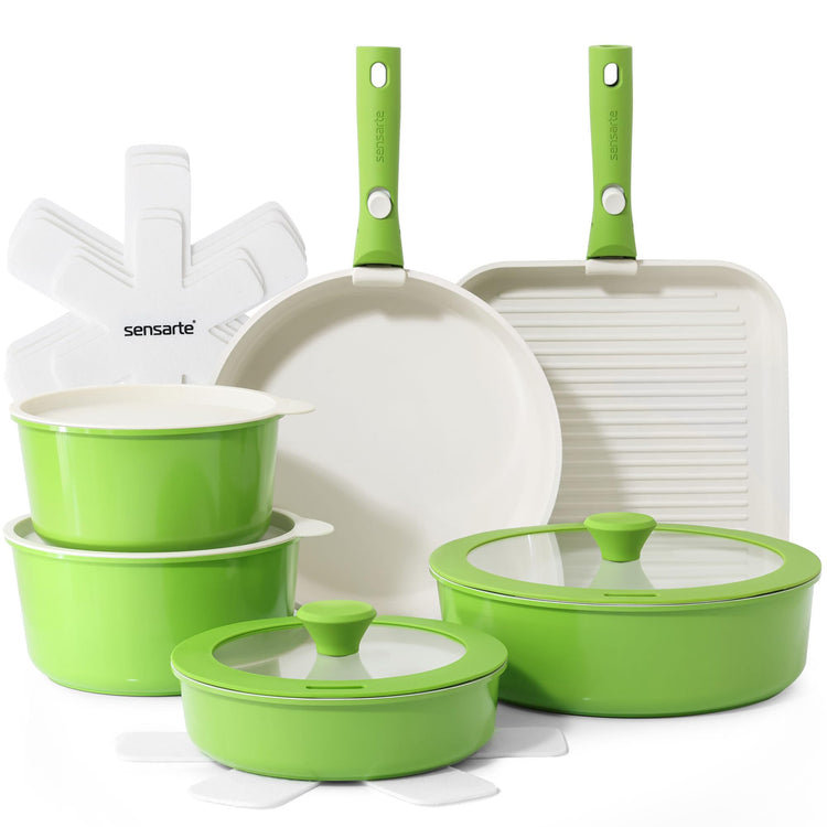 17 Piece Ceramic Detachable Handle Pots and Pans Set Green