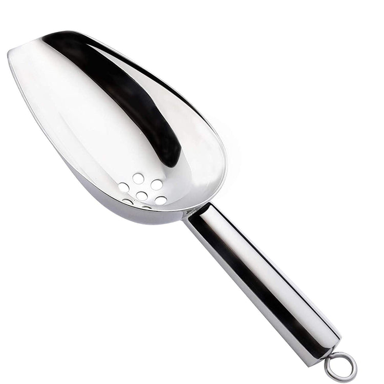 Ice Scoop with Holes. Stainless Steel Ice Scoop with Drain Holes to Reduce Unwanted Dilution. Heavy Duty and Dishwasher Safe. Six Ounce Capacity