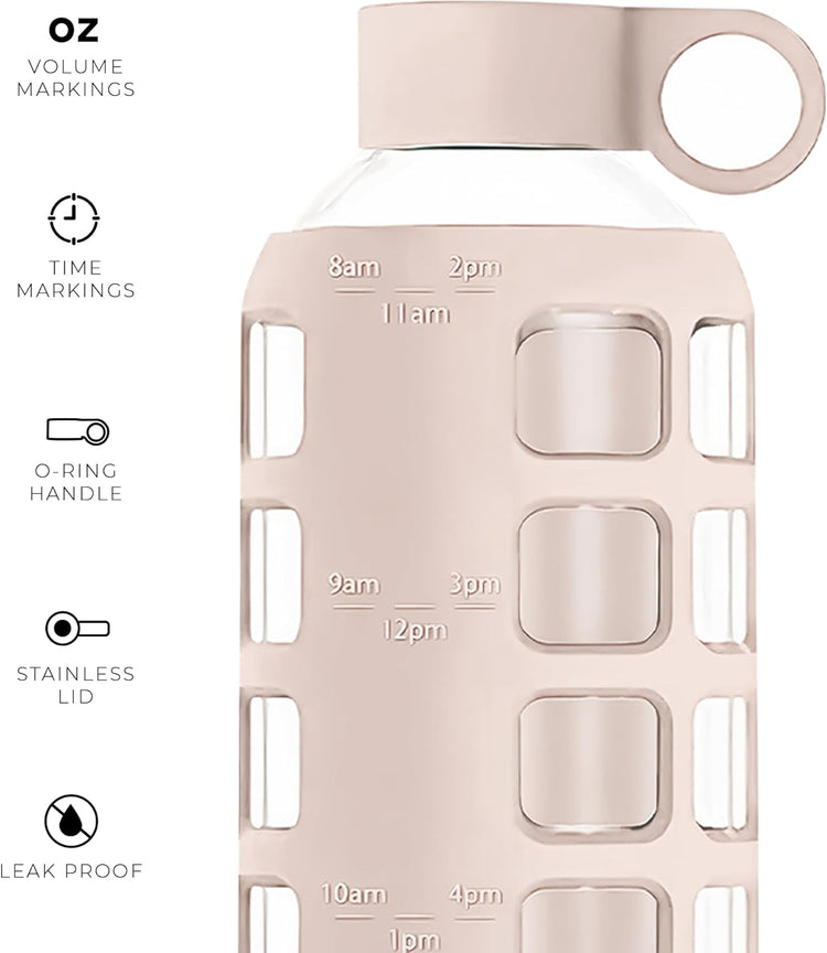 purifyou 40oz / 32oz / 22oz / 12oz Borosilicate Glass Water Bottle with Time & Volume Markers, Silicone Sleeve, Stainless Steel Lid – Reusable Glass Bottle for Water & Juice (22oz Hazelnut)