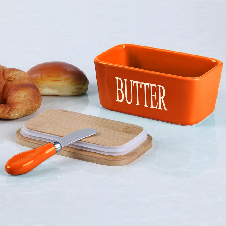 Ceramic Butter Dish with Bamboo Lid and Stainless Steel Knife Spreader