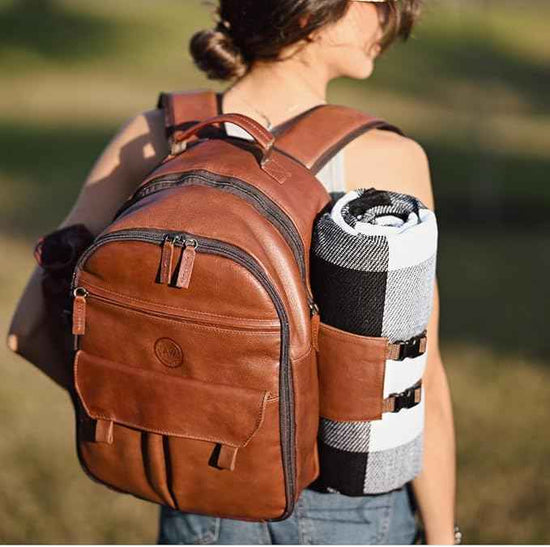 Premium Collection Genuine Leather Picnic Backpack for 4 with Insulated Compartment, Blanket, Stainless Steel Cutlery, Plates, Glasses, Luxury Gift for Men & Women, Outdoor Dining, Brown