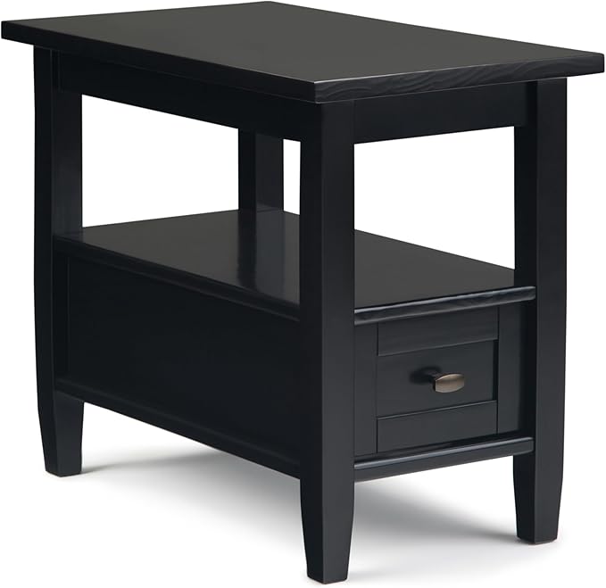 SIMPLIHOME Warm Shaker End Table - 14 inch Wide Solid Wood Narrow Side Table in Black, Transitional Accent Table for Living Room or Bedroom with Drawer, Open Shelf and Square Tapered Legs
