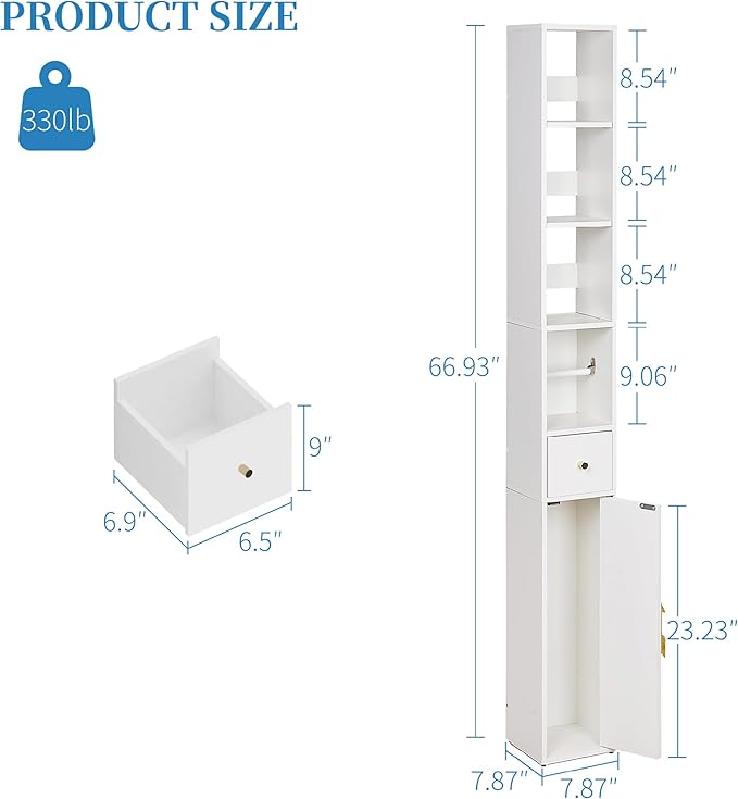 VECELO Narrow Bathroom Storage Cabinet, 67" Tall Cabinet Organizer with Toilet Paper Holder, Anti-Tip Device, 3 Adjustable Shelves, Drawer & Magnetic Door for Small Spaces, White