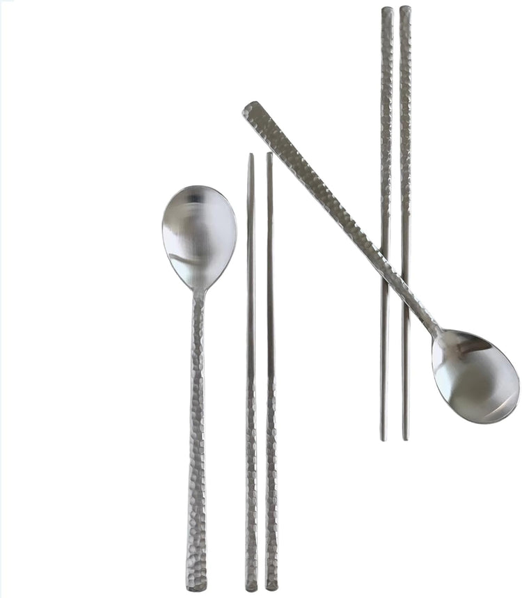 Korean Made Silver Glossy Hammered Stainless Steel Korean Spoon & Chopstick SET Stocking Stuffer Gift for Mom (2SET)