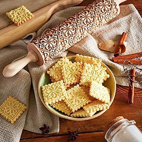 Christmas Wooden Rolling Pin for Baking Engraved Embossing Rolling Pin Cookie Stamps Roller Square Grid Cookies Mold Kitchen Decor Tools for Baking Embossed Cookies