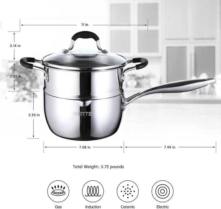 Tri-Ply Whole-Clad Stainless Steel Saucepan with Steamer,2.5 Qt Small Multipurpose Pot with Pour Spout,Strainer Glass Lid, 2 Quart Sauce Pan for Cooking with Stay-cool Handle.