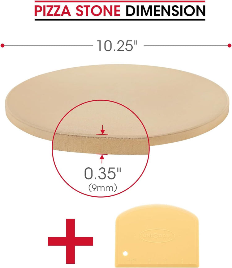 Unicook Small Pizza Stone 10.25 Inch for Oven and Grill, Round Baking Stone, Thermal Shock Resistant Cordierite Oven Pan with Plastic Dough Scraper, Ideal for Cooking Pizza, Bread