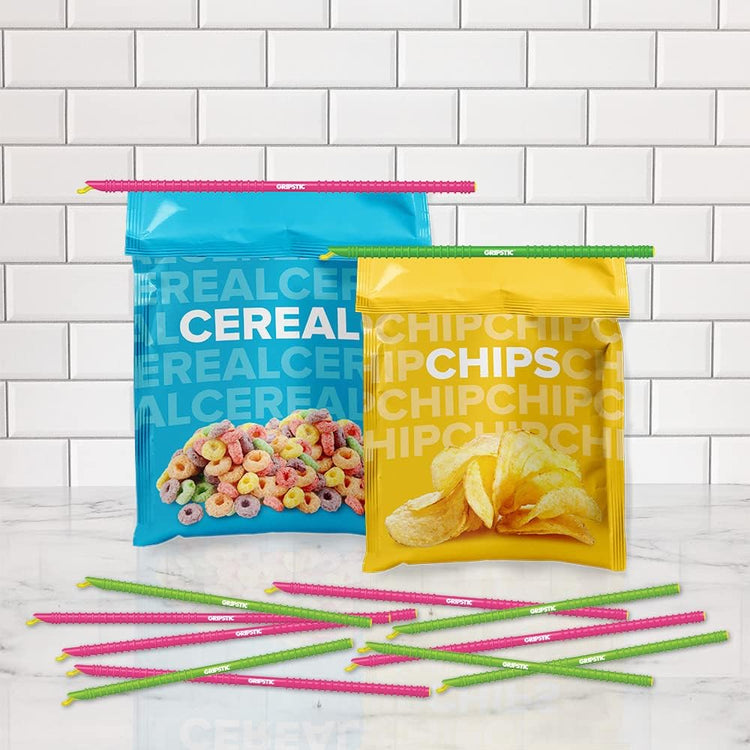 GripStic Bag Sealer - Reusable Chip Clips, Bag Clips. Patented. Airtight & Waterproof Seal on Food Storage Bags, Kids Snacks & More. Near Zero Waste. 12ct XLarge