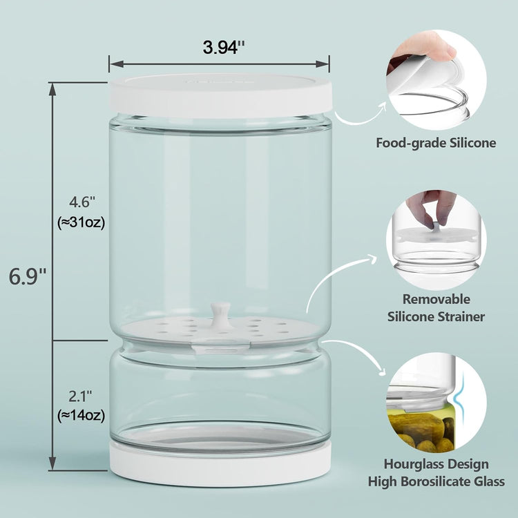 Glass Pickle Jar with Strainer for Pickle Lover - 45 Oz Leakproof and Airtight Juice Separator for Olive, Gherkin, Chilli, BPA Free, Dishwasher and Refrigerator Safe (White&Blue, 45oz*2pcs)