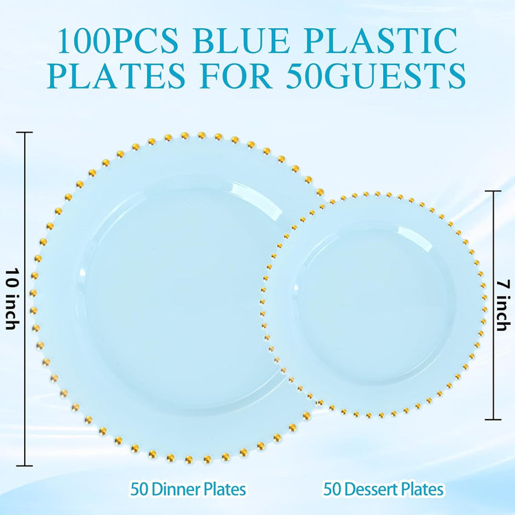 supernal 100PCS Blue Plastic Plates with Gold Beads - Disposable Heavy Duty Elegant Light Blue Plastic Plates Set Include 50 Dinner Plate and 50 Dessert Plate Perfect for Wedding, Birthday & Party