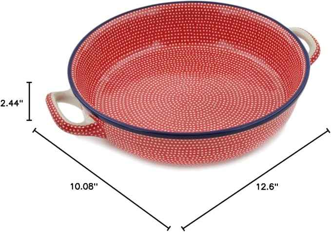 Polmedia Polish Pottery Round Baker with Handles 10-inch UNIKAT - Red Sea Pattern Handmade in Boleslawiec Poland by Ceramika Artystyczna + Certificate of Authenticity