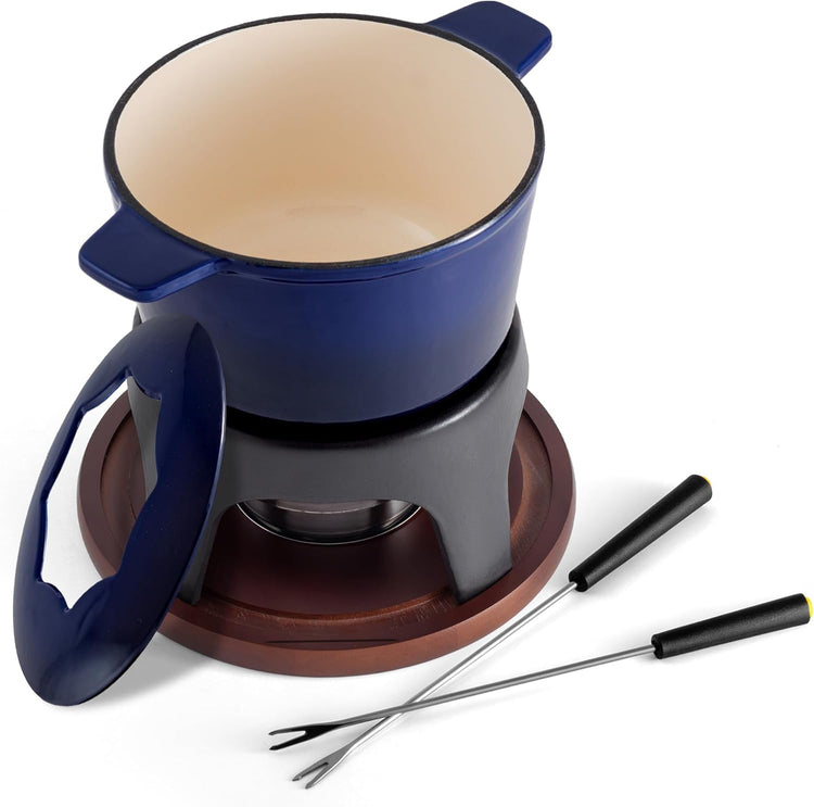 Swissmar Sierra Cast Iron Fondue Set, 1.6 Quart / 1.6 Liter – Perfect for Meat, Cheese, & Chocolate Fondues – Ideal for Family Bonding & Hosting Gifts - 12-Pieces, Deep Blue