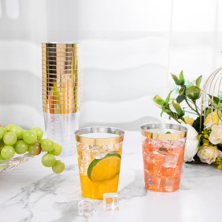 I00000 100PCS Gold Plastic Cups,10 oz Clear Plastic Cups with Gold Trim, Gold Plastic Beer Mugs，Disposable Hard Plastic Cups For Party, Premium Gold Rimmed Plastic Cups Perfect for Wedding & Party