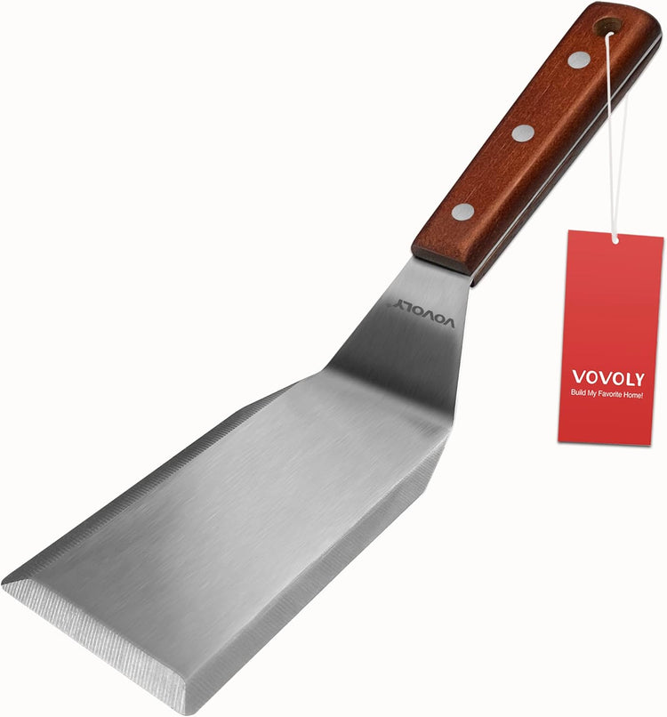 Professional Metal Spatula for Cast Iron Skillets and Flat Top Grills, Full Tang Wooden Handle,1.8mm Thick Stainless Steel Blade, Smash Burger Spatula Turner for Flipper, Cooking, BBQ, 4.7 x 2.7 Inch