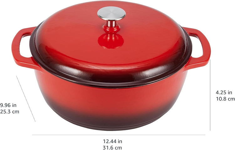 Amazon Basics Cast Iron Dutch Oven Pot with Lid, Enameled, Round, Dual Handles, Heavy-Duty, Small, 4.3-Quart, Red - Nestoria