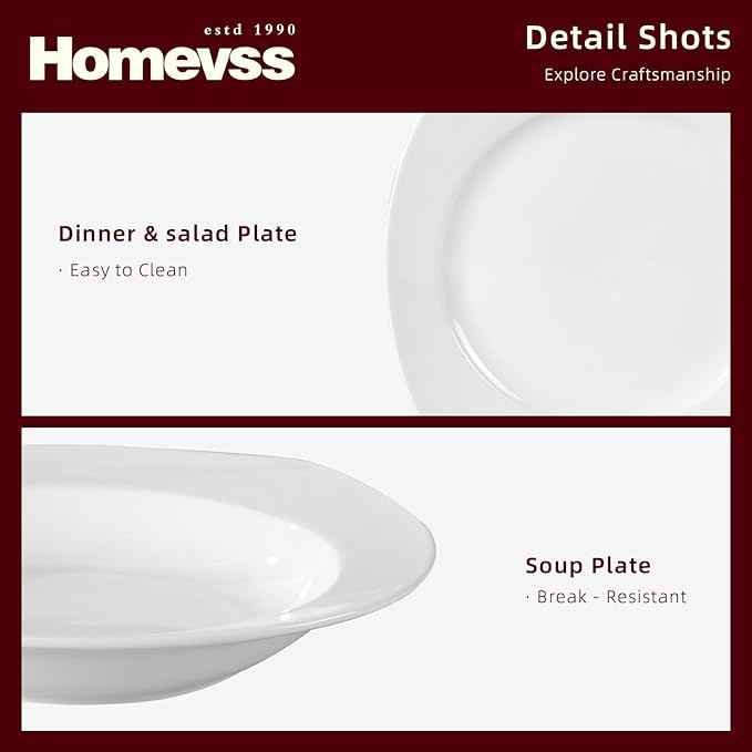 HomeVss, New Bone China Dinnerware Set, Coupe Square Shape, 40pc Set