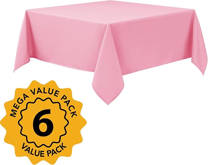 6-Pack Pink Tablecloths for Square Tables, 70 x 70 Inches, Stain-Resistant Polyester Fabric for 3 Foot Tables - Washable Table Covers for Weddings, Banquets, Birthday Parties, Events