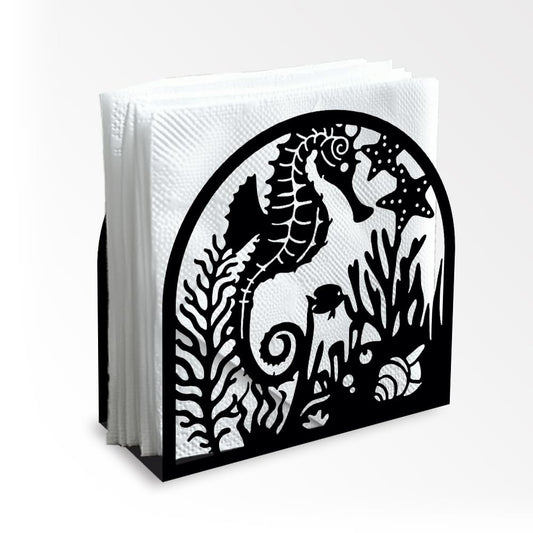 Seahorse and Coral Decorative Black Metal Napkin Holder for Table