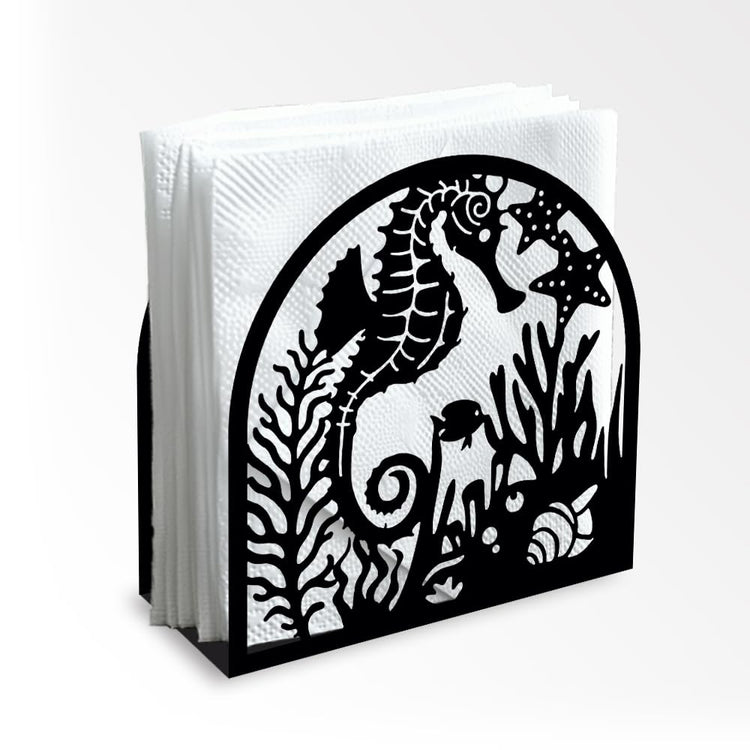 Seahorse and Coral Decorative Black Metal Napkin Holder for Table