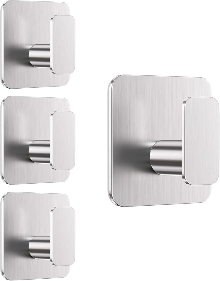 Silver Hooks for Hanging Heavy Duty, Adhesive Hooks for Shower, Bathroom, Kitchen, Robe, Towel, Coat, Waterproof & Rustproof Hook for Walls No Damage, Stainless Steel Sticky Hook - 4 Pack
