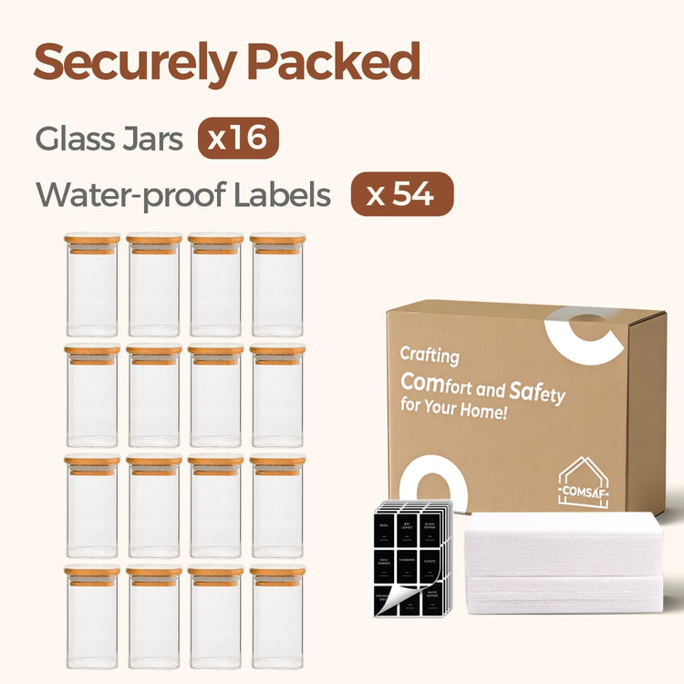 Glass Spice Jars with Labels 10 oz 16 Pack Large Square Bamboo Lids (16 Count)