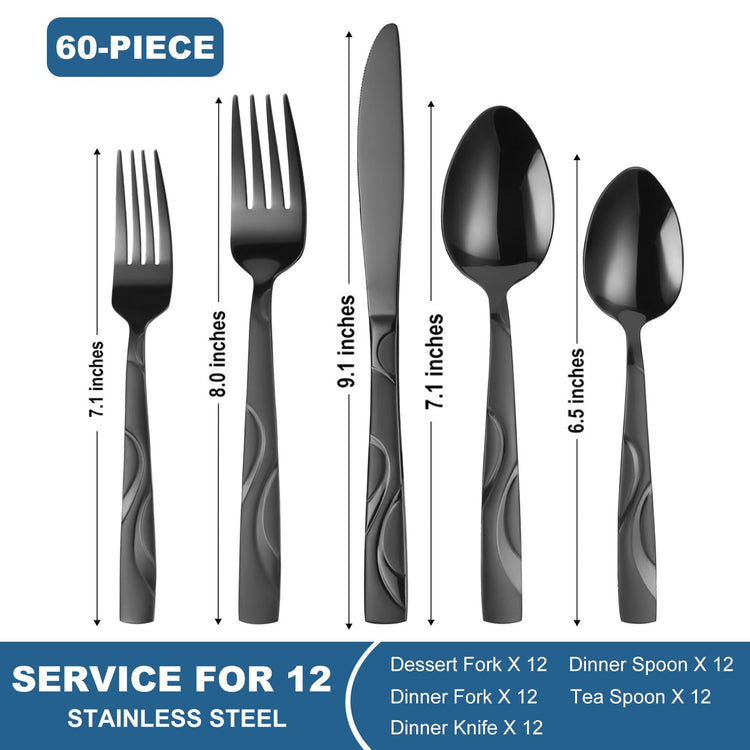 60 Piece Black Flatware Set for 12 (60 Count)