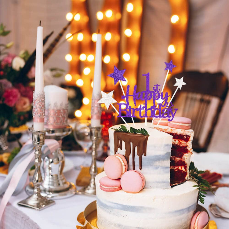 Purple Silver 1st Birthday Cake Topper with Glittery Stars (7 Count)