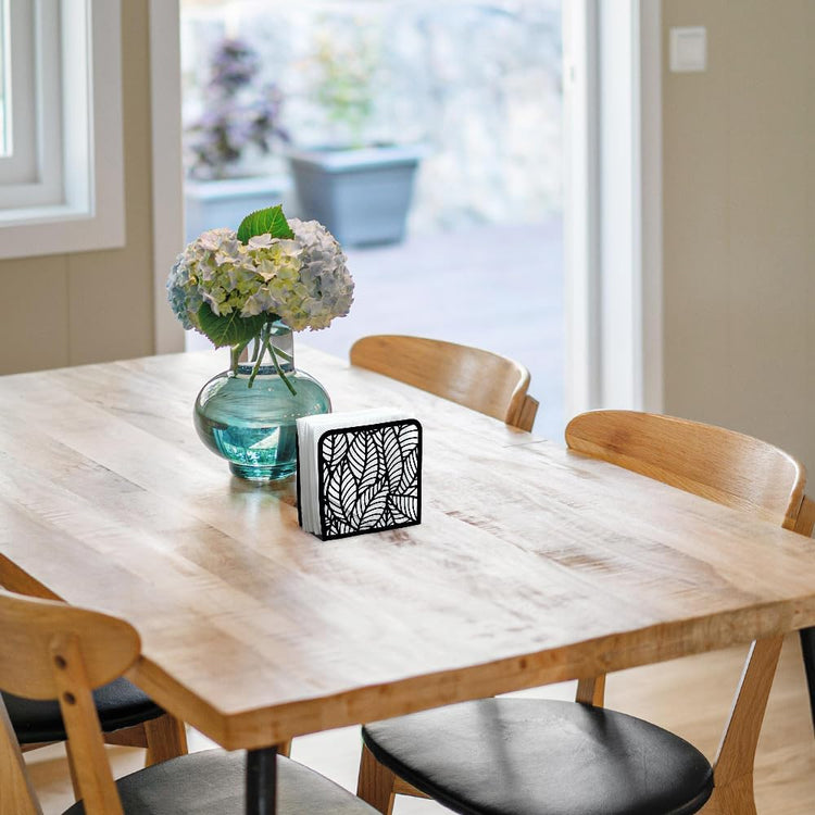 Morden Leaf Decorative Black Metal Napkin Holder for Table, 4.9" x 4.9" x 1.9" Standing Napkin Holder for Home Kitchen Restaurant Picnic Party Coffee Bar Dining Room