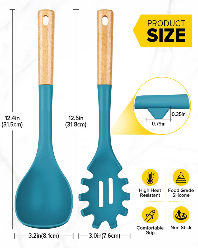 Silicone Soup Ladle and Spaghetti Spoon Set with Wooden Handle (2 Count)