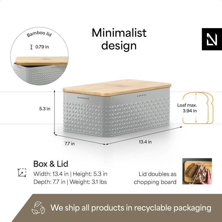 Bread Box I Metal Box for long lasting freshness I Bread Bin with bamboo lid usable as cutting board I 13.4x7.7x5.3In