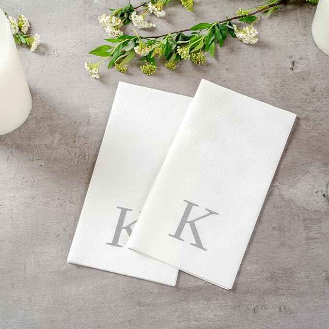 Luxenap 15.8 X 7.9 Inch Linen-Feel Guest Towels, 2000 Lettered Hand Towels - Silver Letter 'K', Sans Serif Font, White Paper Dinner Napkins, airlaid, For Restrooms And Tables - Restaurantware