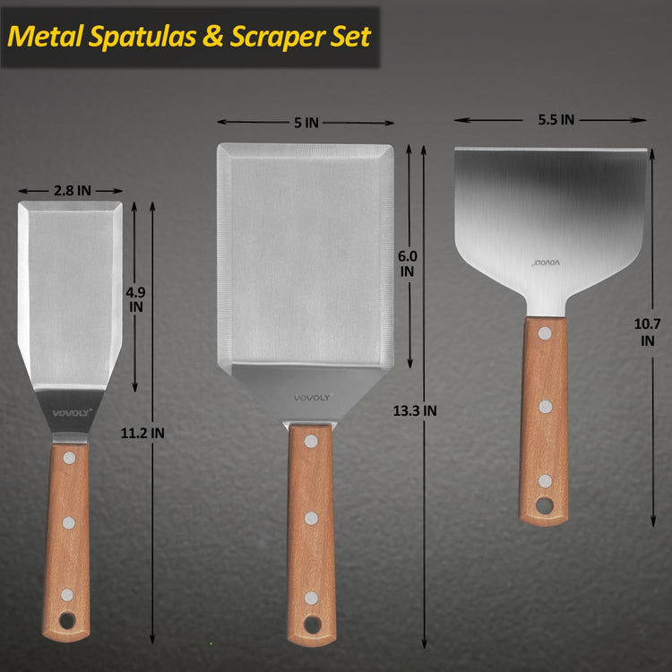 Stainless Steel Metal Spatula Set For Griddle, Grill Spatula Scraper for BBQ/Flat Top Grill- Full Tang Handle -Thicked Blade- Beveled Edges, Great Griddle Accessories for Pancake/Smash Burgers - Nestoria