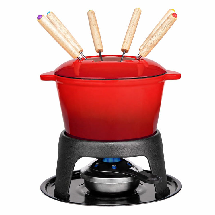 Cast Iron Fondue Pot Set Red Enameled 1.6 Qt for Cheese